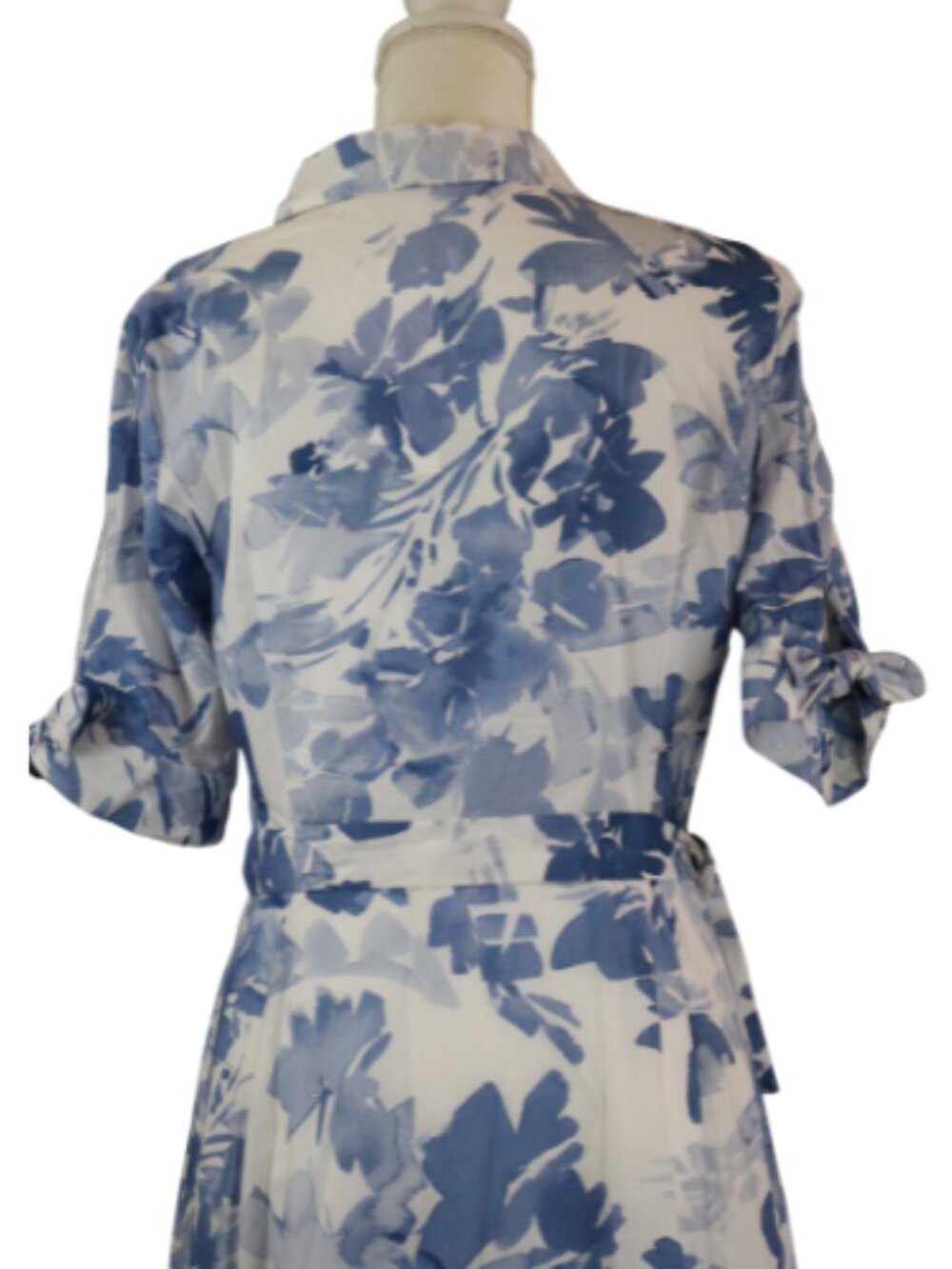 Calvin Klein Blue White Floral Shirt Dress V Neck Belted Dress Formal Size 6 - Picture 8 of 13